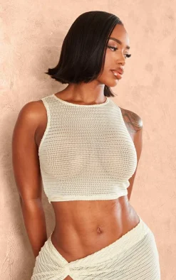 Best PrettyLittleThing Shape Textured Sheer Racer Crop Top Cream