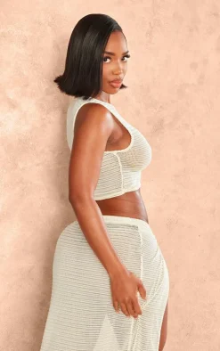 Best PrettyLittleThing Shape Textured Sheer Racer Crop Top Cream