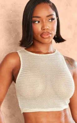 Best PrettyLittleThing Shape Textured Sheer Racer Crop Top Cream