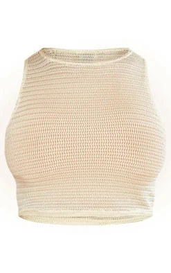 Best PrettyLittleThing Shape Textured Sheer Racer Crop Top Cream