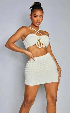 Hot PrettyLittleThing Shape Textured Tie Front Ruched Bralet Cream