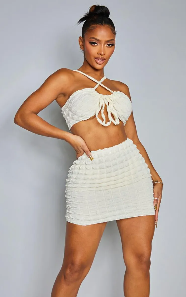 Hot PrettyLittleThing Shape Textured Tie Front Ruched Bralet Cream