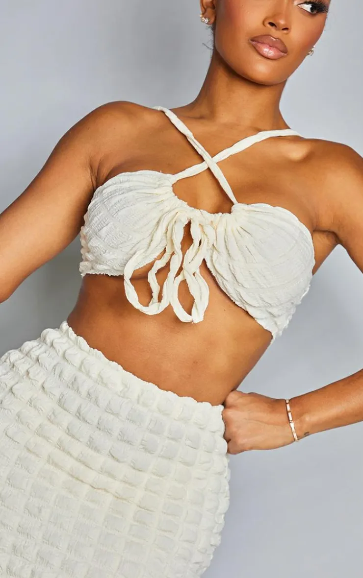 Hot PrettyLittleThing Shape Textured Tie Front Ruched Bralet Cream