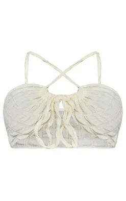 Hot PrettyLittleThing Shape Textured Tie Front Ruched Bralet Cream
