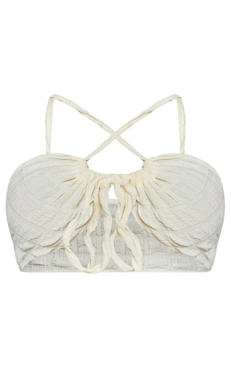 Hot PrettyLittleThing Shape Textured Tie Front Ruched Bralet Cream