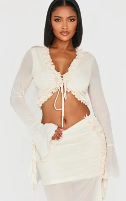 Clearance PrettyLittleThing Shape Tie Front Frill Edge Flare Sleeve Top Cream