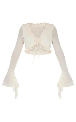 Clearance PrettyLittleThing Shape Tie Front Frill Edge Flare Sleeve Top Cream