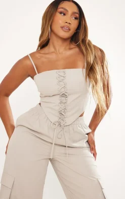 Discount PrettyLittleThing Shape Twill Lace Up Corset Cream