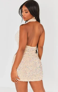Outlet PrettyLittleThing Shape Velvet Sequin Halterneck Cowl Crop Top Cream