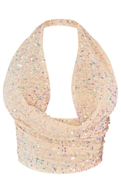 Outlet PrettyLittleThing Shape Velvet Sequin Halterneck Cowl Crop Top Cream