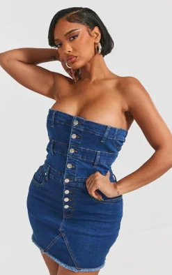 Shape Dark Blue Denim Button Front Bandeau Dress-PrettyLittleThing Sale