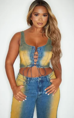 Online PrettyLittleThing Shape Denim Washed Lace Up Crop Top Dark Blue