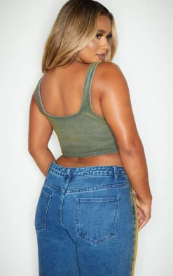 Online PrettyLittleThing Shape Denim Washed Lace Up Crop Top Dark Blue