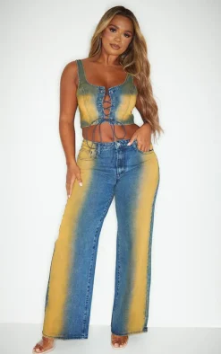 Online PrettyLittleThing Shape Denim Washed Lace Up Crop Top Dark Blue