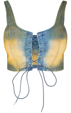 Online PrettyLittleThing Shape Denim Washed Lace Up Crop Top Dark Blue