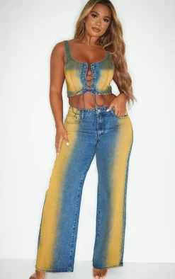 Sale PrettyLittleThing Shape Denim Washed Wide Leg Jeans Dark Blue