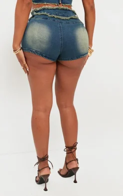 Outlet PrettyLittleThing Shape Stretch Denim Fray Detail Hot Pants Dark Blue