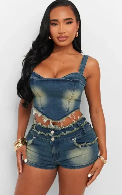 Outlet PrettyLittleThing Shape Stretch Denim Fray Detail Hot Pants Dark Blue