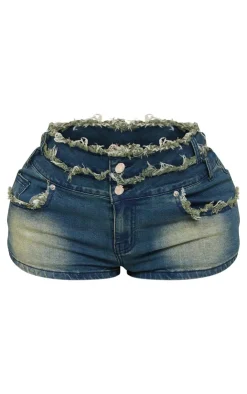 Outlet PrettyLittleThing Shape Stretch Denim Fray Detail Hot Pants Dark Blue