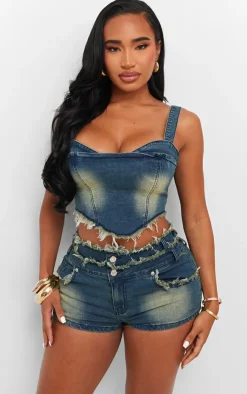 Sale PrettyLittleThing Shape Stretch Denim Fray Detail Corset Dark Blue