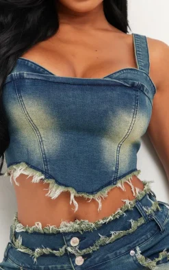 Sale PrettyLittleThing Shape Stretch Denim Fray Detail Corset Dark Blue