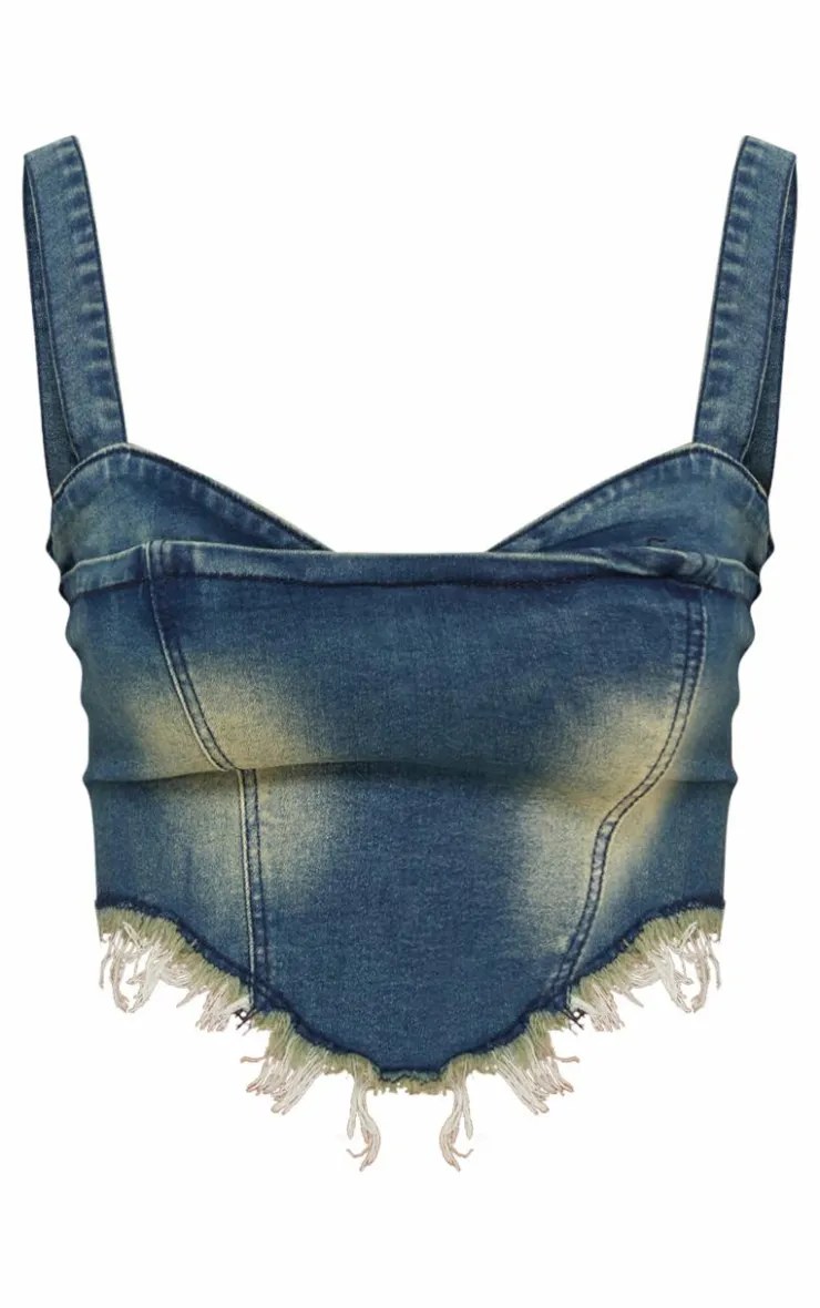 Sale PrettyLittleThing Shape Stretch Denim Fray Detail Corset Dark Blue