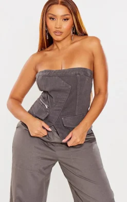PrettyLittleThing Corsets*Shape Acid Wash Denim Zip Detail Bandeau Corset