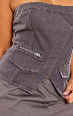 PrettyLittleThing Corsets*Shape Acid Wash Denim Zip Detail Bandeau Corset