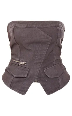 PrettyLittleThing Corsets*Shape Acid Wash Denim Zip Detail Bandeau Corset