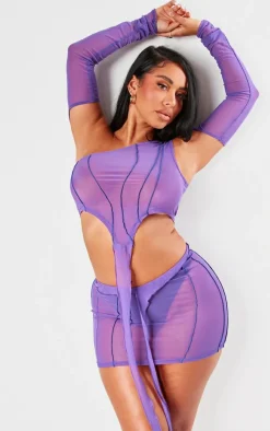 Hot PrettyLittleThing Shape Mesh Seam Detail One Shoulder Crop Top Dark Purple