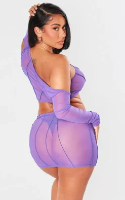 Hot PrettyLittleThing Shape Mesh Seam Detail One Shoulder Crop Top Dark Purple