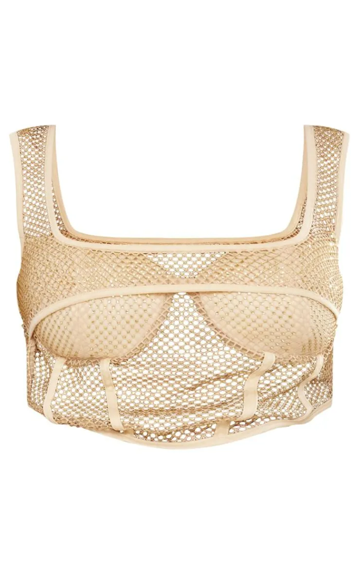 Clearance PrettyLittleThing Shape Glitter Fishnet Cup Insert Corset Gold