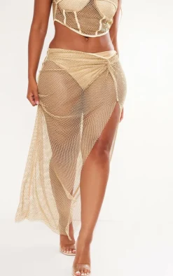 Clearance PrettyLittleThing Shape Glitter Fishnet Knot Front Maxi Skirt Gold