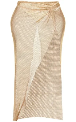 Clearance PrettyLittleThing Shape Glitter Fishnet Knot Front Maxi Skirt Gold