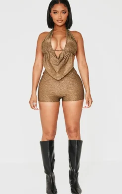 Online PrettyLittleThing Shape Glitter Lurex Mini Shorts Gold