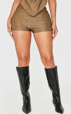 Online PrettyLittleThing Shape Glitter Lurex Mini Shorts Gold