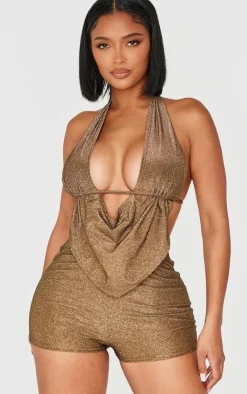 Online PrettyLittleThing Shape Glitter Lurex Mini Shorts Gold