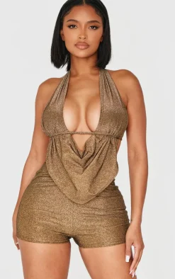 Best PrettyLittleThing Shape Glitter Lurex Halter Neck Cowl Neck Top Gold