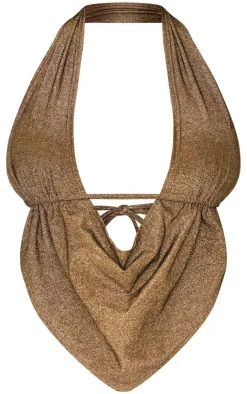 Best PrettyLittleThing Shape Glitter Lurex Halter Neck Cowl Neck Top Gold