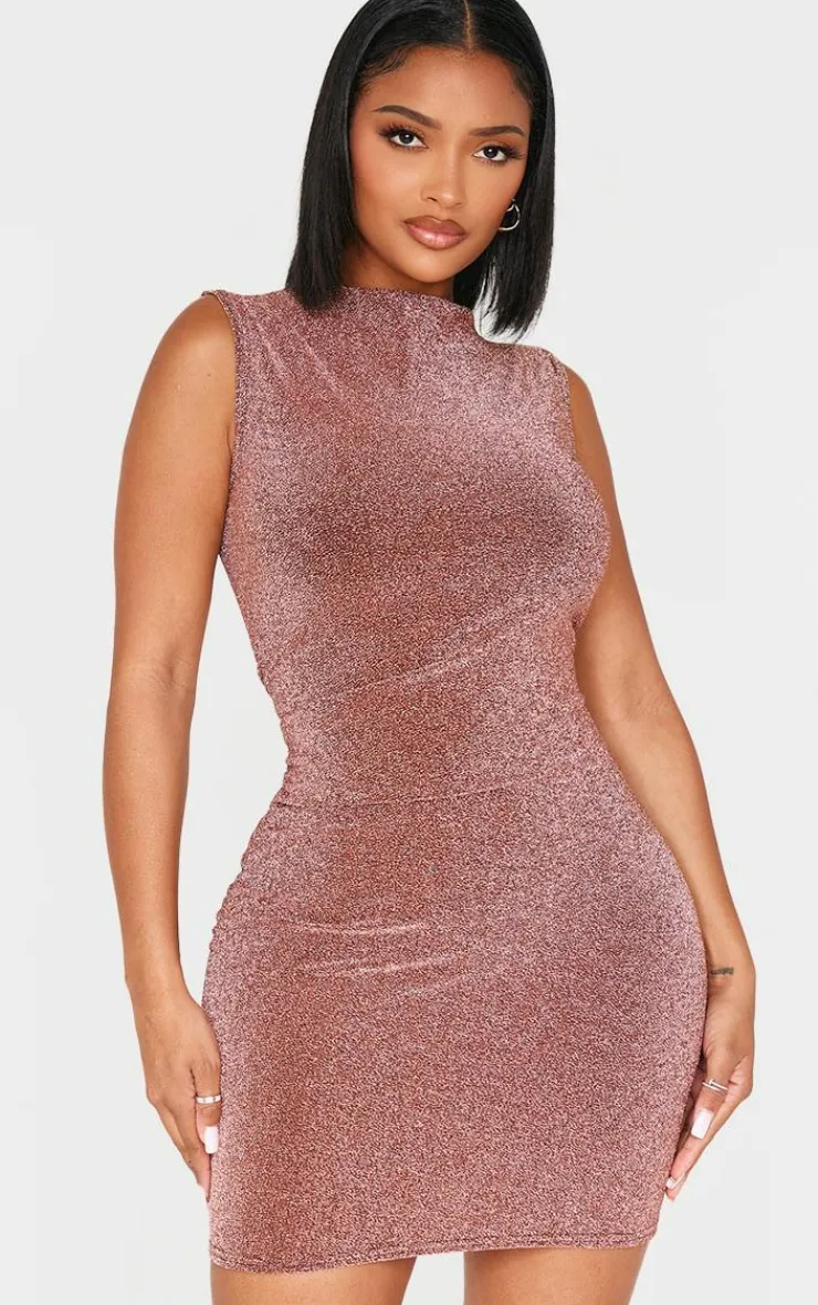 Shape Glitter Lurex High Neck Ruched Side Mini Dress-PrettyLittleThing Outlet