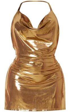 Shape Metallic Halterneck Cowl Bodycon Dress-PrettyLittleThing Online