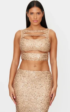 Best PrettyLittleThing Shape Sequin Cut Out Twist Front Top Gold