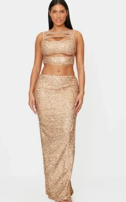 Best PrettyLittleThing Shape Sequin Cut Out Twist Front Top Gold
