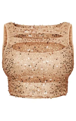 Best PrettyLittleThing Shape Sequin Cut Out Twist Front Top Gold