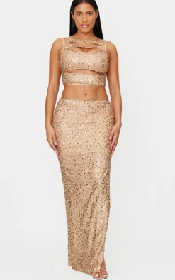 Sale PrettyLittleThing Shape Sequin Maxi Skirt Gold