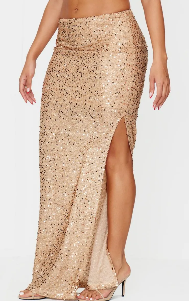 Sale PrettyLittleThing Shape Sequin Maxi Skirt Gold