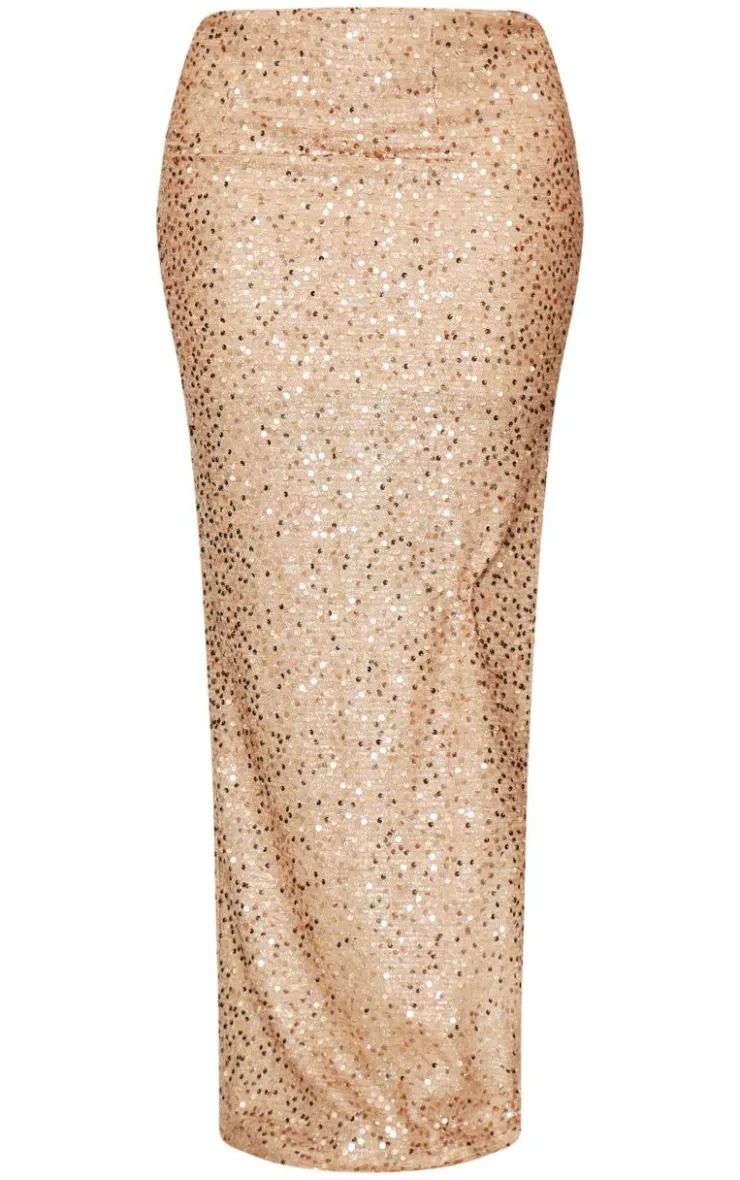 Sale PrettyLittleThing Shape Sequin Maxi Skirt Gold