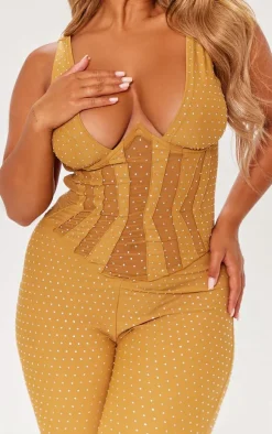 Shape Gold Sequin Mesh Panel Detail Underwire Jumpsuit
