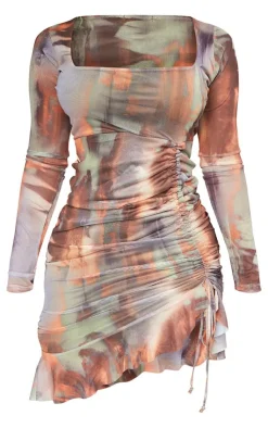 Shape Abstract Mesh Long Sleeve Ruched Side Frill Hem Bodycon Dress-PrettyLittleThing Outlet