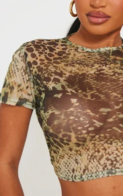 PrettyLittleThing T-Shirts*Shape Green Animal Printed Mesh Longline T-shirt